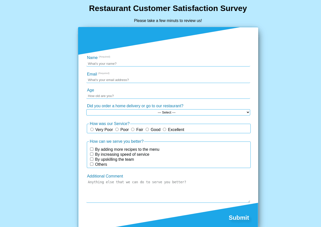 [ HTML - CSS] Restaurant Customer Satisfaction Survey
